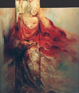 1994 - The Red Shawl Goddess (Series) (Sold) - Oil and Gold Leaf on Carved Tritych